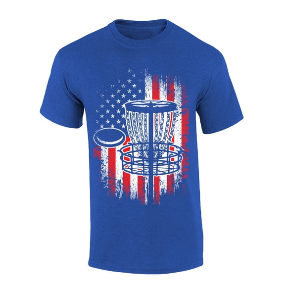 Mens Disc Golf Tshirt Distressed Vertical Disc Golf American Flag Short Sleeve T-shirt-Heather Royal-xl