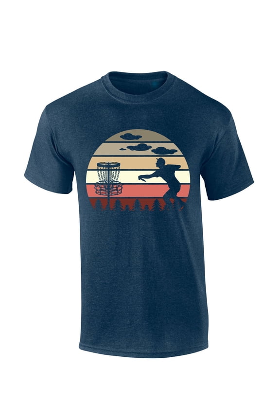 Mens Disc Golf Tshirt Retro Scenic Disc Golf Throwing Short Sleeve T-shirt-Heather Navy-medium