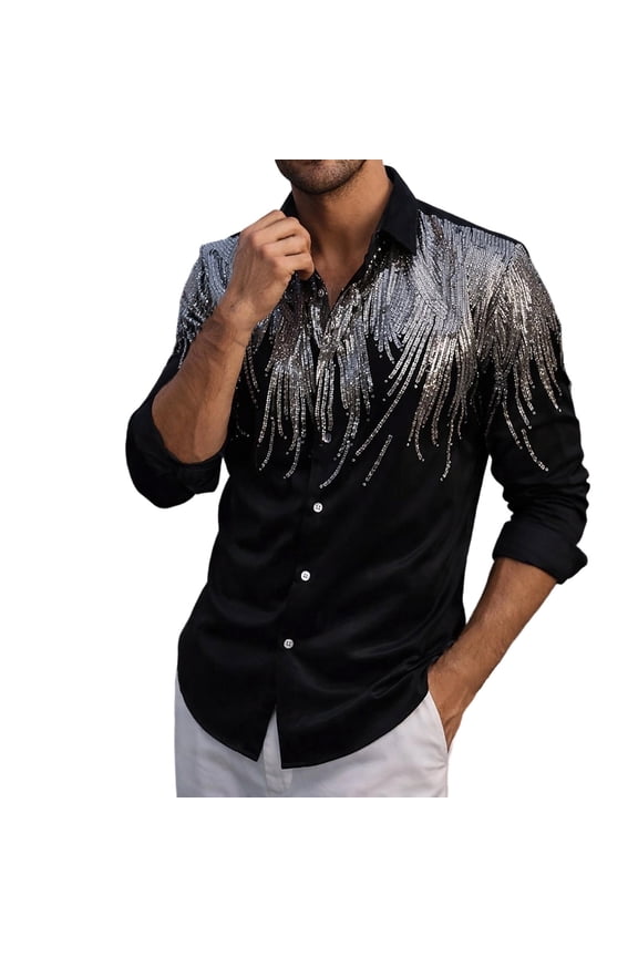 Mens Disco Shirt Sequins Shiny Metallic Long Sleeve Button Down Shirts 70s Vintage Cocktail Nightclub Rock Big and Tall Size M-5XL Black
