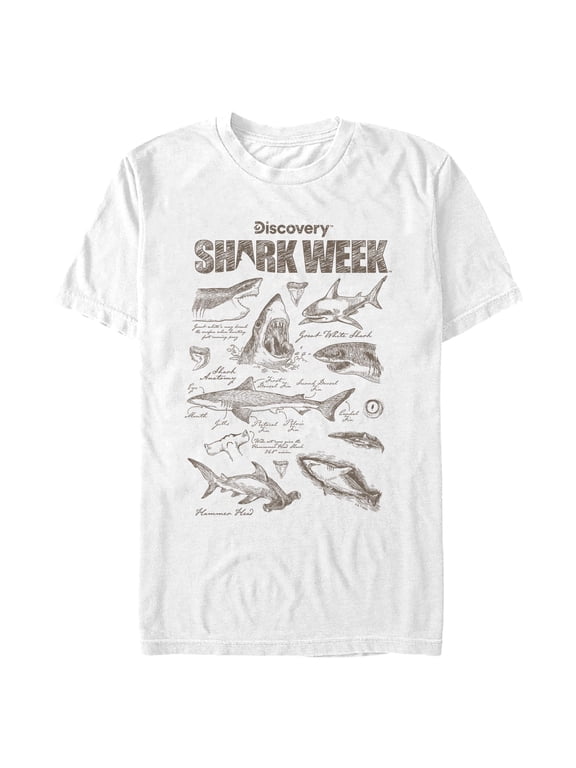 Mens Discovery Shark Week Hammerhead and Great White Shark Infographic T Shirt