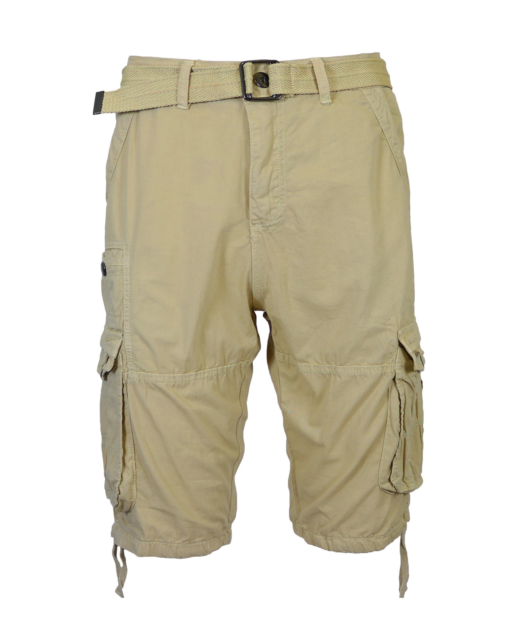 Mens Distressed Belted Cotton Cargo Shorts, Knee Length Utility