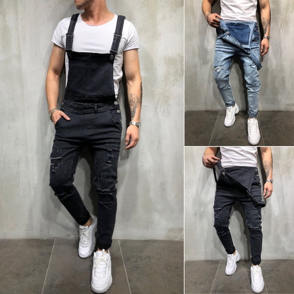 Mens Distressed Denim Carpenter Overalls Bib Jumpsuits Moto Biker Jean Pants