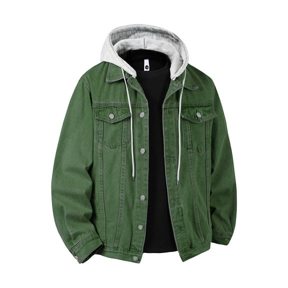 Mens Distressed Denim Jacket with Detachable Hood Button Down Jean Coat Long Sleeve Trucker Hooded Jackets Outwear