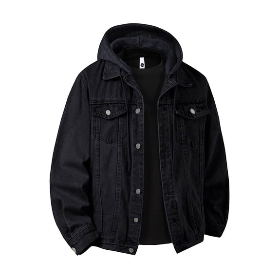 Mens Distressed Denim Jacket with Detachable Hood Button Down Jean Coat Long Sleeve Trucker Hooded Jackets Outwear