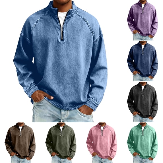 Mens Distressed Henley Shirts Front Placket Retro Long Sleeve Tee Shirts Casual 1/4 Zipper Washed T-Shirts for Men for Men Big Size 4XL Purple