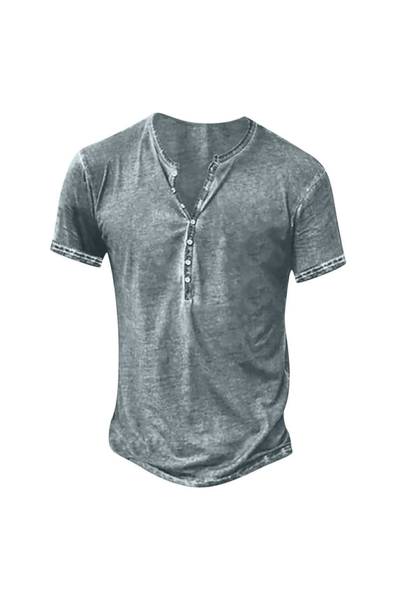 Mens Distressed Henley Shirts Front Placket Retro Short Sleeve Tee Shirt Casual Button Down Washed T-Shirt for Men