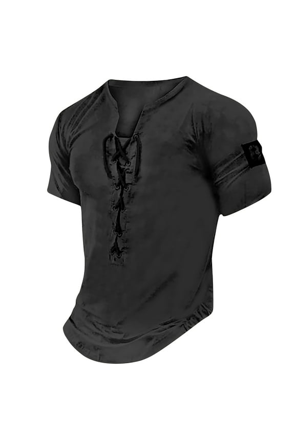Mens Distressed Henley Shirts Lace Up Short Sleeve Beach Hippie Shirts V Neck Casual for Renaissance Viking