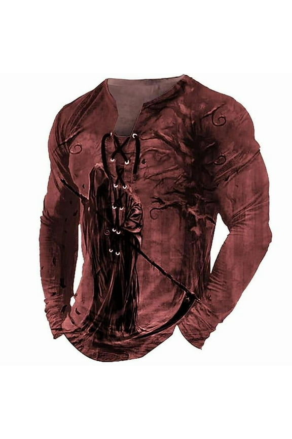 Mens Distressed Henley Shirts Long Sleeve Slim Fit Basic T-Shirt Casual Lace Up Beach Renaissance Top Tee Red M