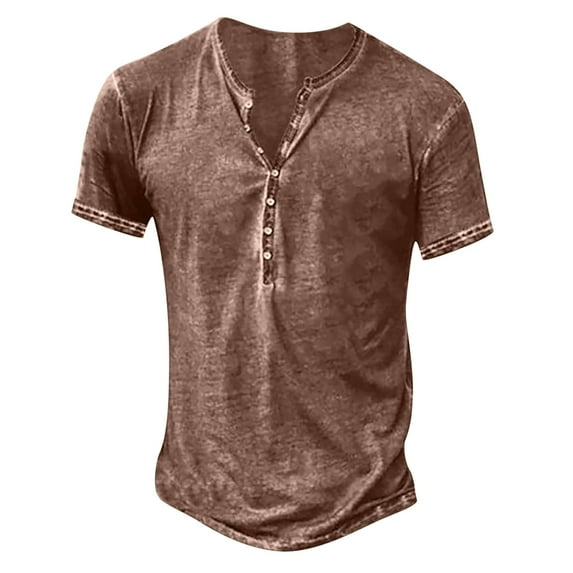 Mens Distressed Henley Shirts Retro Short Sleeve Button Down Summer Tee Casual Cotton Washed T-Shirts
