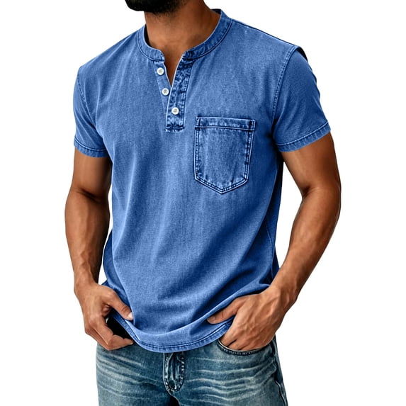 Mens Distressed Henley Shirts Retro Short Sleeve Tee Shirts Casual Button Down T-Shirts for Men, XL