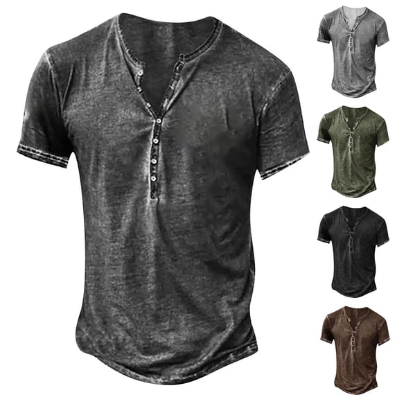 Mens Distressed Henley Shirts Retro Short Sleeve Tee Shirts Casual Button Down Washed T-Shirts for Men