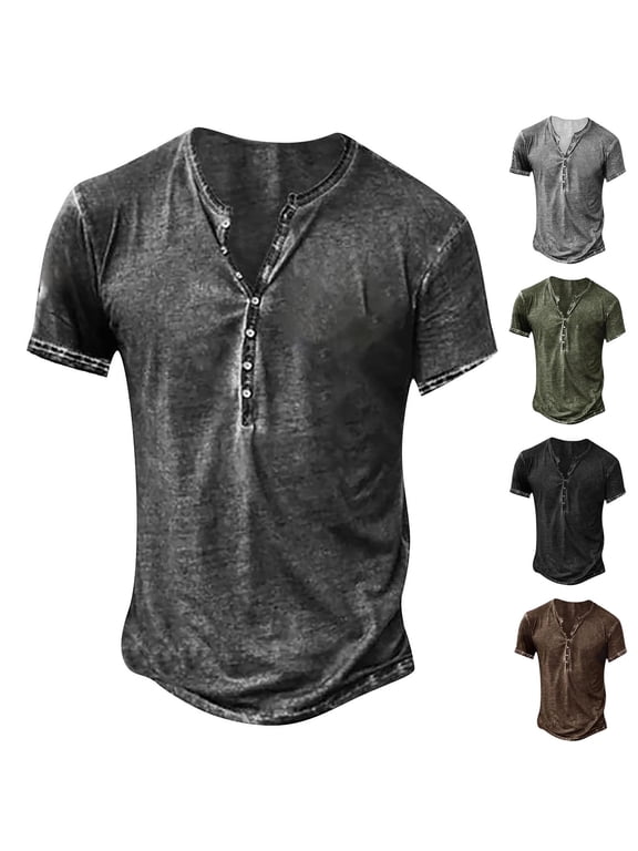 Mens Distressed Henley Shirts Retro Short Sleeve Tee Shirts Casual Button Down Washed T-Shirts for Men