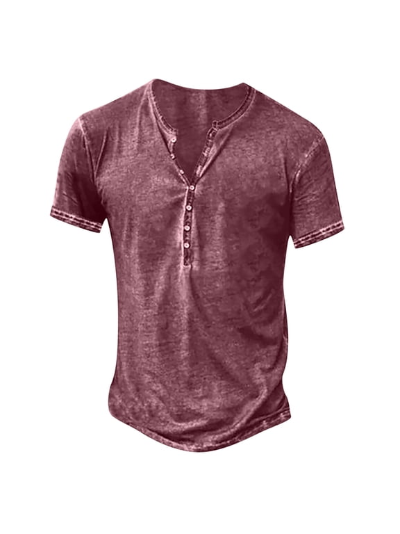 Mens Distressed Henley Shirts Retro Short Sleeve Tee Shirts Casual Button Down Washed T-Shirts for Men