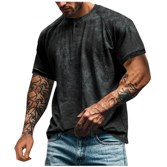 Mens Distressed Henley Shirts Washed T-Shirts Short Sleeve Tee Regular Fit Cotton Shirts Casual Button Vintage Top