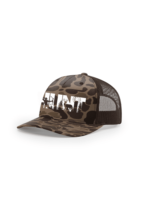 Mens Distressed Hunt Country Woods Scene Target Mens Embroidered Mesh Back Trucker Hat-Bark/Camo