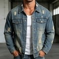 thumbnail image 1 of Mens Distressed Ripped Denim Jacket, Vintage Washed Button Down Trucker Jacket with Flap Pocket, Streetwear Casual Long Sleeve Jean Coat for Spring Summer Light Blue, 1 of 8