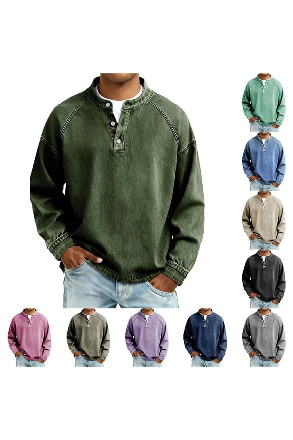Mens Distressed Shirt Henley Shirts Front Placket Retro Long Sleeve Tee Shirts Casual Button down Washed T-Shirts for Men Brown M by Awwp