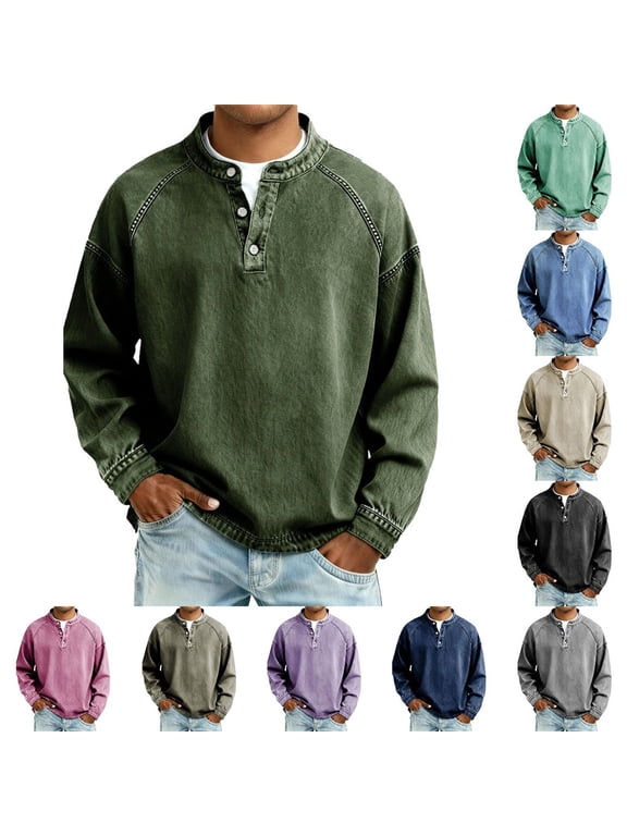 Mens Distressed Shirt Henley Shirts Front Placket Retro Long Sleeve Tee Shirts Casual Button down Washed T-Shirts for Men Dark Blue L by Awwp