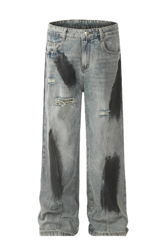 Mens Distressed Wide Leg Denim Jeans Acid Wash Durable Casual Everyday Wear Trendy Bottoms Relaxed Fit Soft Fabric