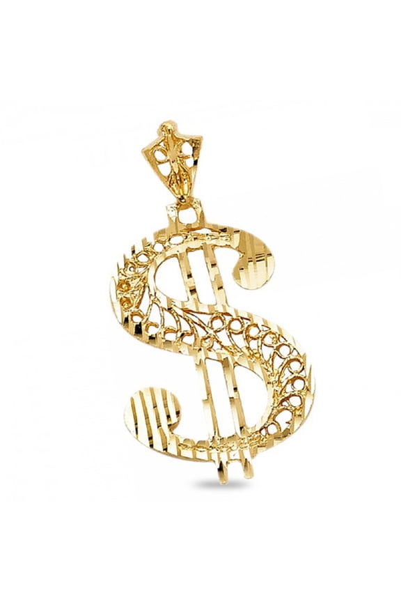 Mens Dollar Sign Pendant Solid 14k Yellow Gold Genuine High Polish Charm Diamond Cut Hip Hop Style Grill 26 mm x 17 mm