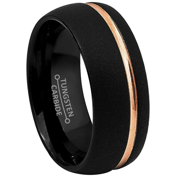 Mens Dome Tungsten Wedding Band Sandblasted Finish with Rose Gold Grooved Trim - 2-Tone Tungsten Carbide Ring - Anniversary Band - TN864s10.5