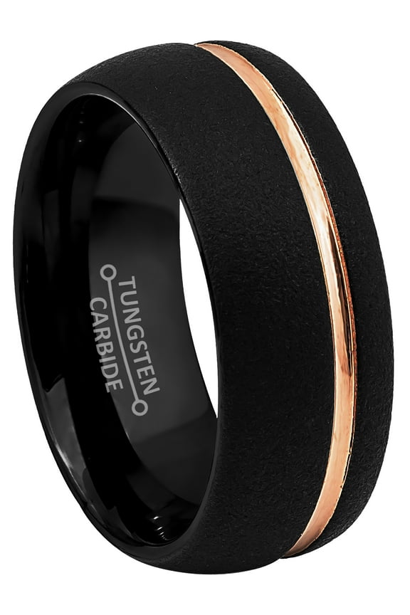 Mens Dome Tungsten Wedding Band Sandblasted Finish with Rose Gold Grooved Trim - 2-Tone Tungsten Carbide Ring - Anniversary Band - TN864s9.5
