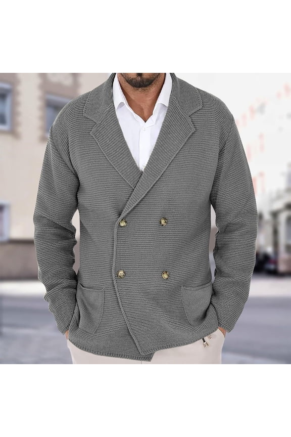 Mens Double Breasted Cardigan Sweater Soft Knit Notch Lapel Button Cardigans Fall Winter Dress Casual Sweater Jackets with Pockets Gray 3XL