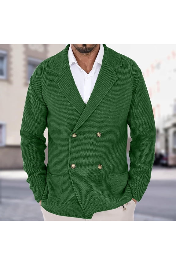 Mens Double Breasted Cardigan Sweater Soft Knit Notch Lapel Button Cardigans Fall Winter Dress Casual Sweater Jackets with Pockets Green XL