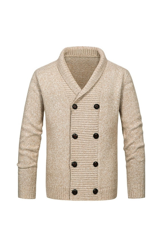 Mens Double Breasted Cardigan Sweaters Long Sleeve Casual Cable Knit Coat Winter V-Neck Solid Color Outerwear (Beige 2XL)