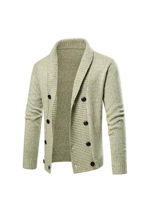 Mens Double Breasted Cardigan Sweaters Long Sleeve Casual Cable Knit Coat Winter V-Neck Solid Color Outerwear (Khaki M)