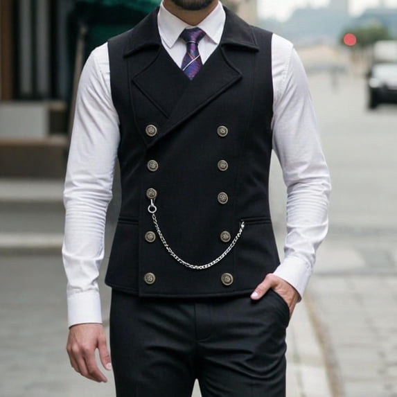 Mens Double Breasted Classic Vests Groomsman Wedding Waistcoat Wide Lapel Suede Leather Casual Business Vest