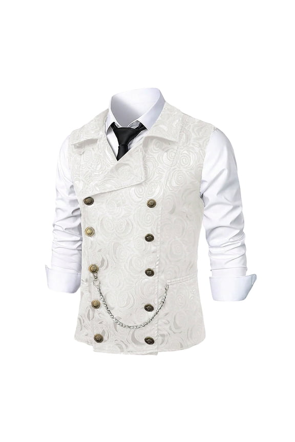 Mens Double Breasted Jacquard Floral Suit Vest Slim Fit Waistcoat, Victorian Steampunk Vintage Gothic Rose Pattern Formal Wedding Prom Party Sleeveless Blazer with Chain
