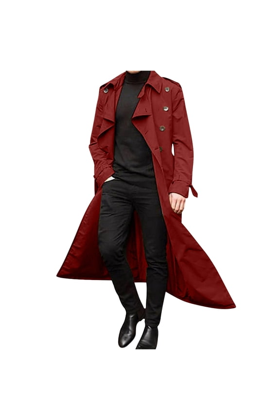 Mens Double Breasted Long Trench Coat Belted Fashion Notch Collar Polyester Lined Maxi Coat Windbreaker Overcoat (Medium, Red)