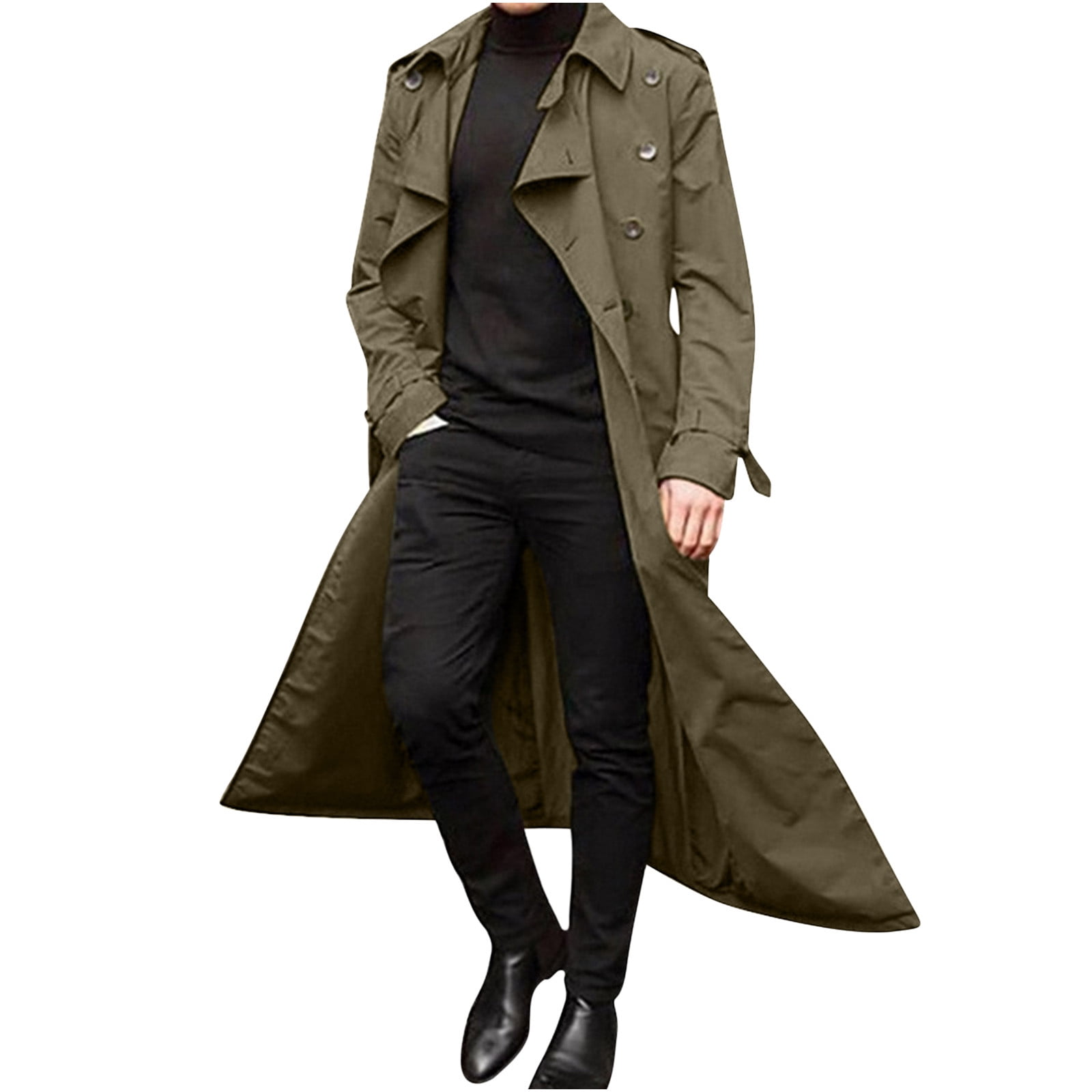 Mens Double Breasted Long Trench Coat Belted Fashion Notch Mens Double Breasted Long Trench Coat Belted Fashion Notch