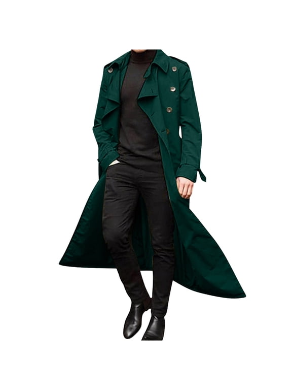 Mens Double Breasted Long Trench Coat Belted Fashion Notch Collar Polyester Lined Maxi Coat Windbreaker Overcoat (X-Large, Mint Green)