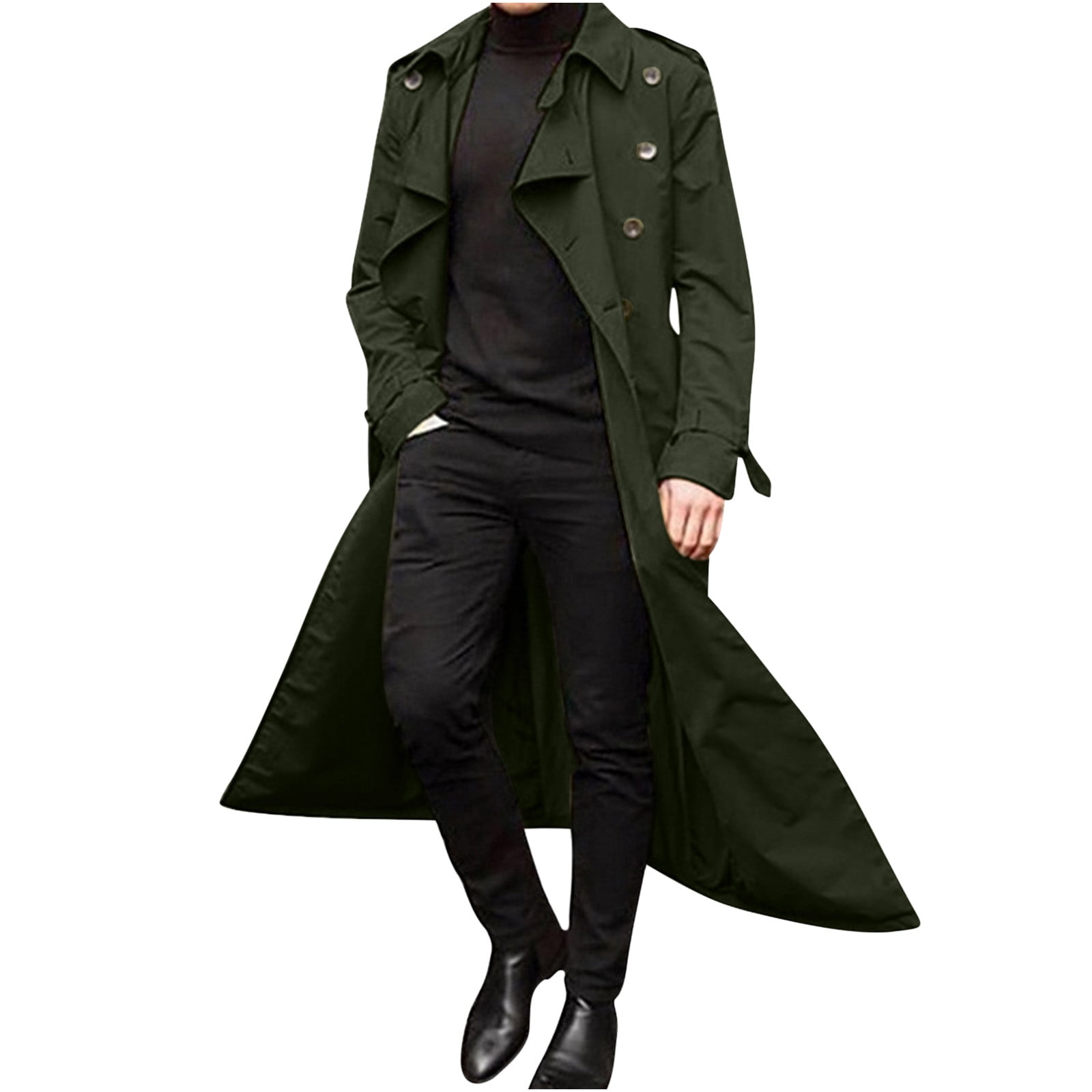 Mens Double Breasted Long Trench Coat Belted Fashion Notch Mens Double Breasted Long Trench Coat Belted Fashion Notch
