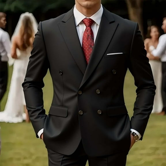 Mens Double Breasted Suit, Slim Fitting Lapel Blazers Jacket for Wedding Business Formal Suits Prom Tuxedos Black XXL