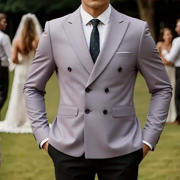 Mens Double Breasted Suit, Slim Fitting Lapel Blazers Jacket for Wedding Business Formal Suits Prom Tuxedos Gray S