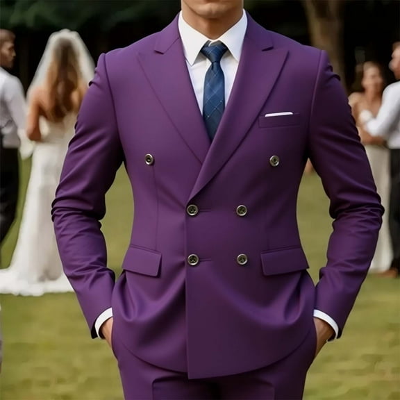Mens Double Breasted Suit, Slim Fitting Lapel Blazers Jacket for Wedding Business Formal Suits Prom Tuxedos Purple S