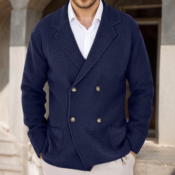Mens Double- Sweater Jacket Lapel Collar Long Sleeve Knitted Sweater Cardigan (Blue S)
