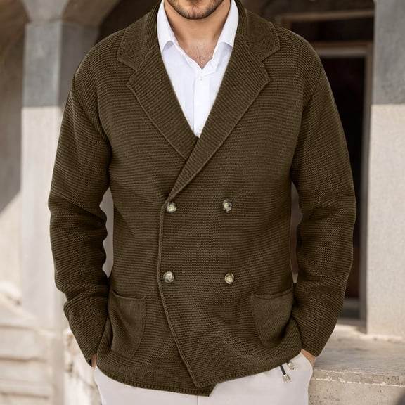 Mens Double- Sweater Jacket Lapel Collar Long Sleeve Knitted Sweater Cardigan (Brown XXXS)