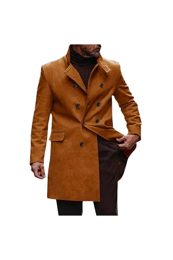 Mens Double Breasted Trench Coat Casual Lapel Collar Business Winter Long Overcoats Men Solid Color Double-Breasted Pocket Flip Collar Mao Long Sleeves Qvercoat Loose Coat