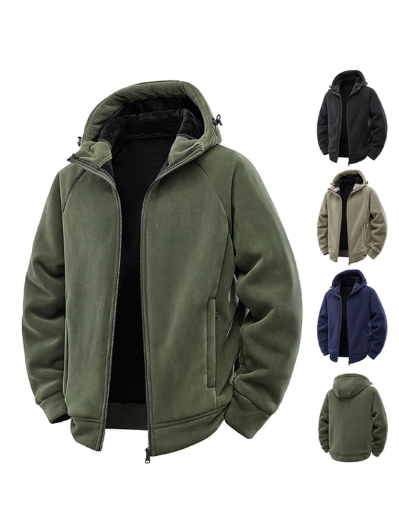 Mens Double Face Polar Fleece Hoodies Jacket Military Hunting Winter Windproof Warm Hooded Coat Jackets Outwear Big and Tall Size M-5XL Khaki