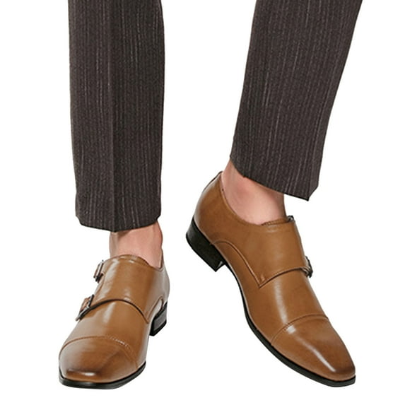 Mens Double Monk Strap Slip On Loafers Cap Toe Leather Oxford Formal Business Casual Comfortable Dress Shoes