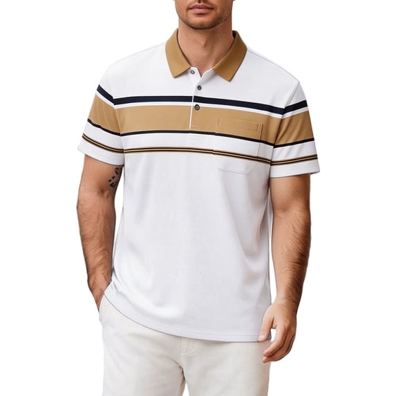 Mens Double Striped Contrast Short Sleeve Polo Shirt with Pocket Quick Dry Lightweight Performance Athletic Golf Shirts for Men Size 4XL White