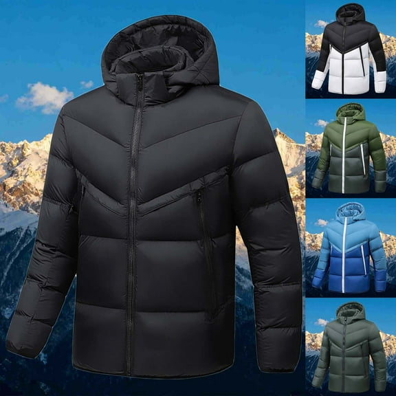 Mens Down Jacket Men's Casual Solid Color Outdoor Large Size Thickened Long Sleeve Parkas Zipper Hoodie Winter Coat