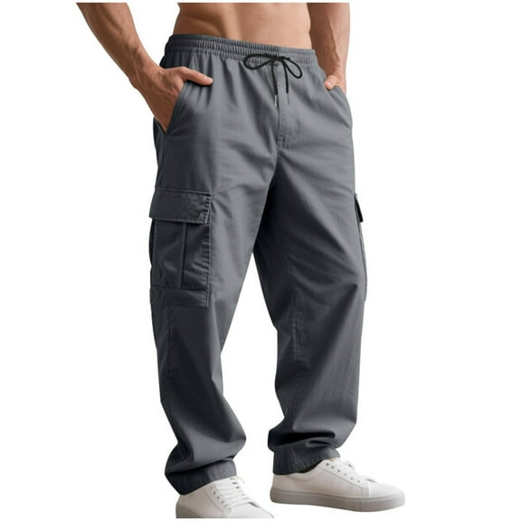 Mens Drawstring Cargo Sweatpants Straight Fit Outdoors Sports Wide Leg Pants Elastic Waist Multi-pockets Active Pant (3XL, Dark Gray)