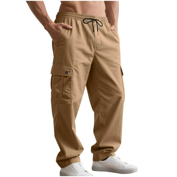 Mens Drawstring Cargo Sweatpants Straight Fit Outdoors Sports Wide Leg Pants Elastic Waist Multi-pockets Active Pant (M, Khaki)
