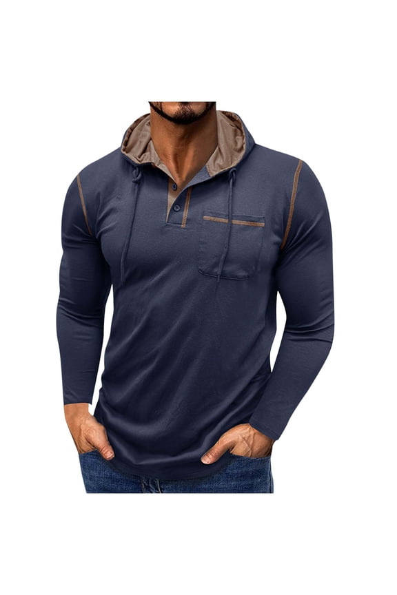 Mens Drawstring Hoodie Lightweight Casual Regular Fit Buttons Hooded Sweatshirt with Chest Pocket Base Pullovers (3XL, Blue)
