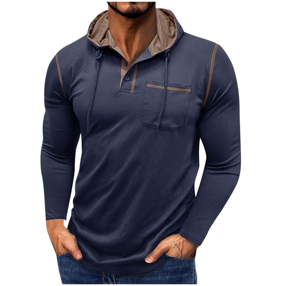 Mens Drawstring Hoodie Lightweight Casual Regular Fit Buttons Hooded Sweatshirt with Chest Pocket Base Pullovers (L, Blue)